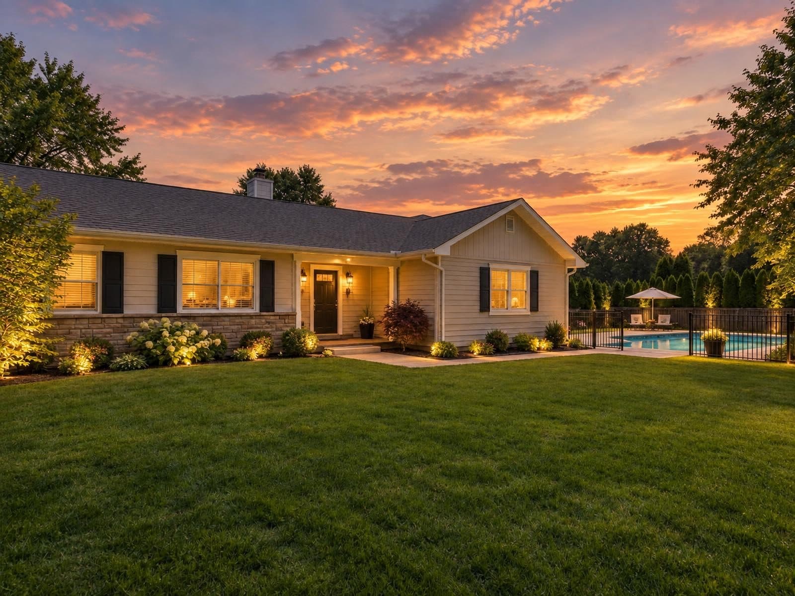 Same house at dusk with identical facade and landscaping