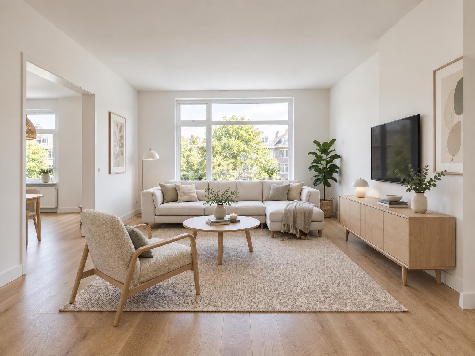 Staged living room with a sofa, armchair and coffee table