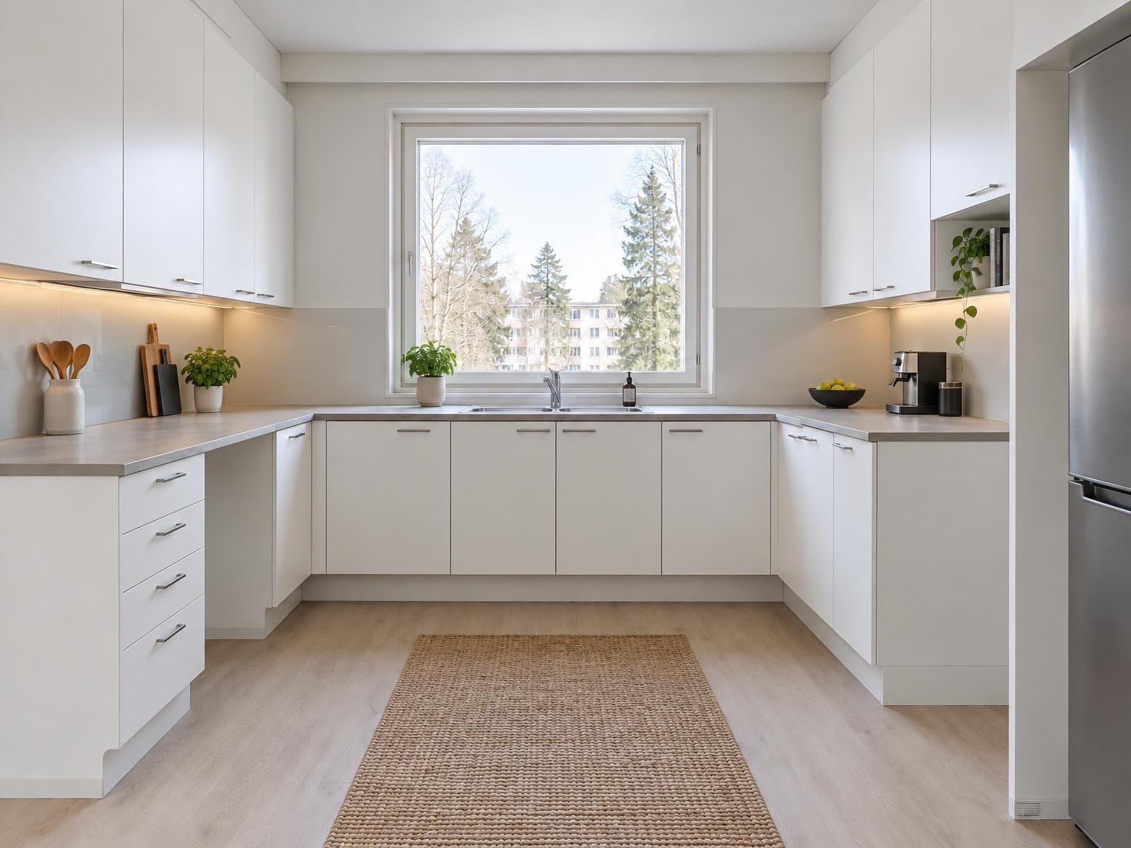 Sama keittiö digistailattuna moderniin tyyliin pöytäliinalla ja tarvikkeilla