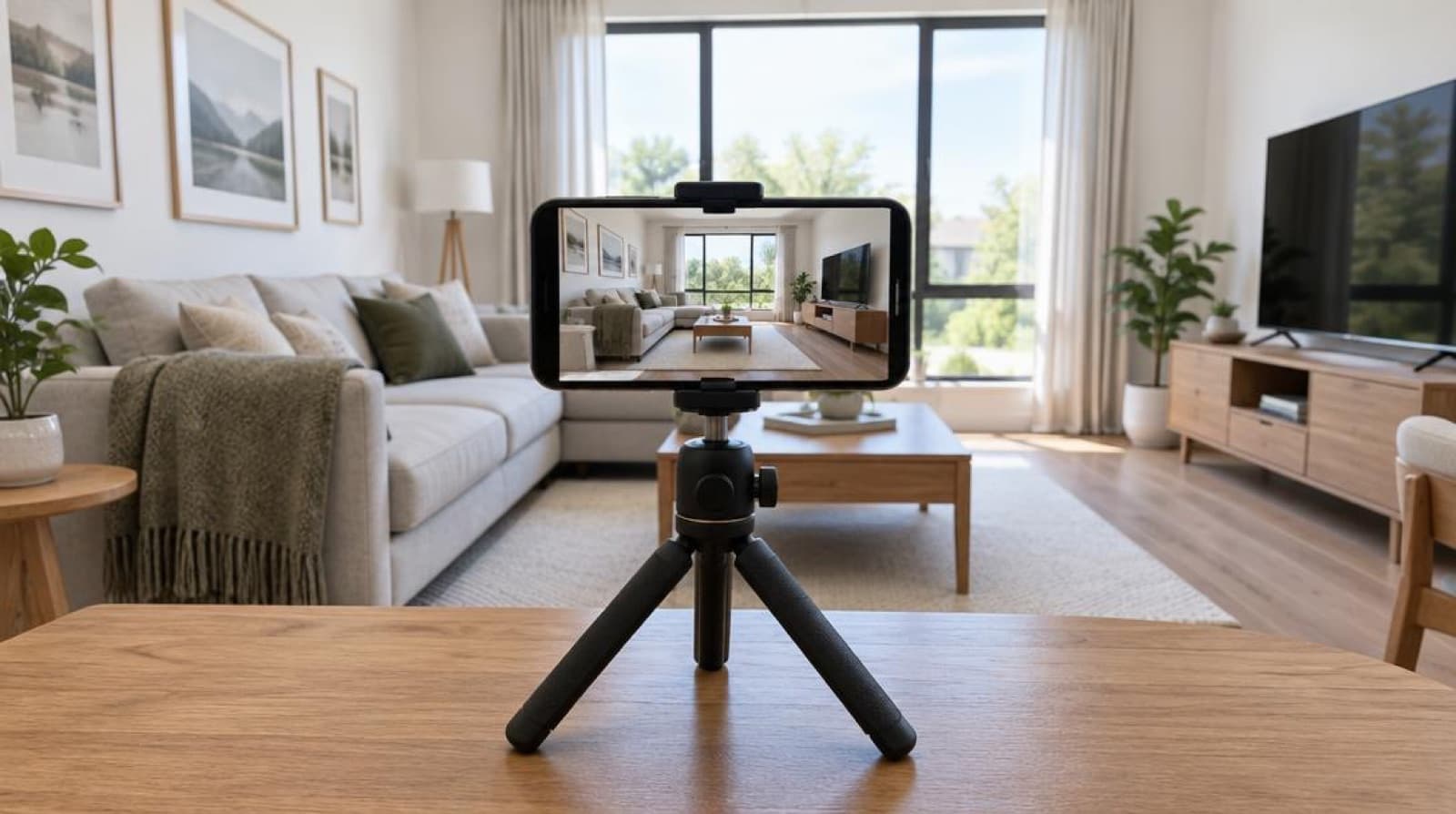 iPhone on a small tripod framing a bright living room