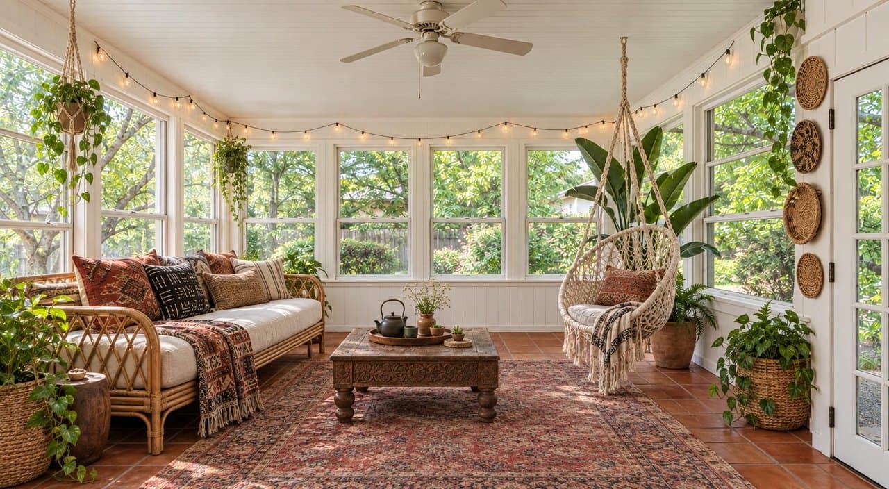 Bungalow sunroom, Texas, styled Boho
