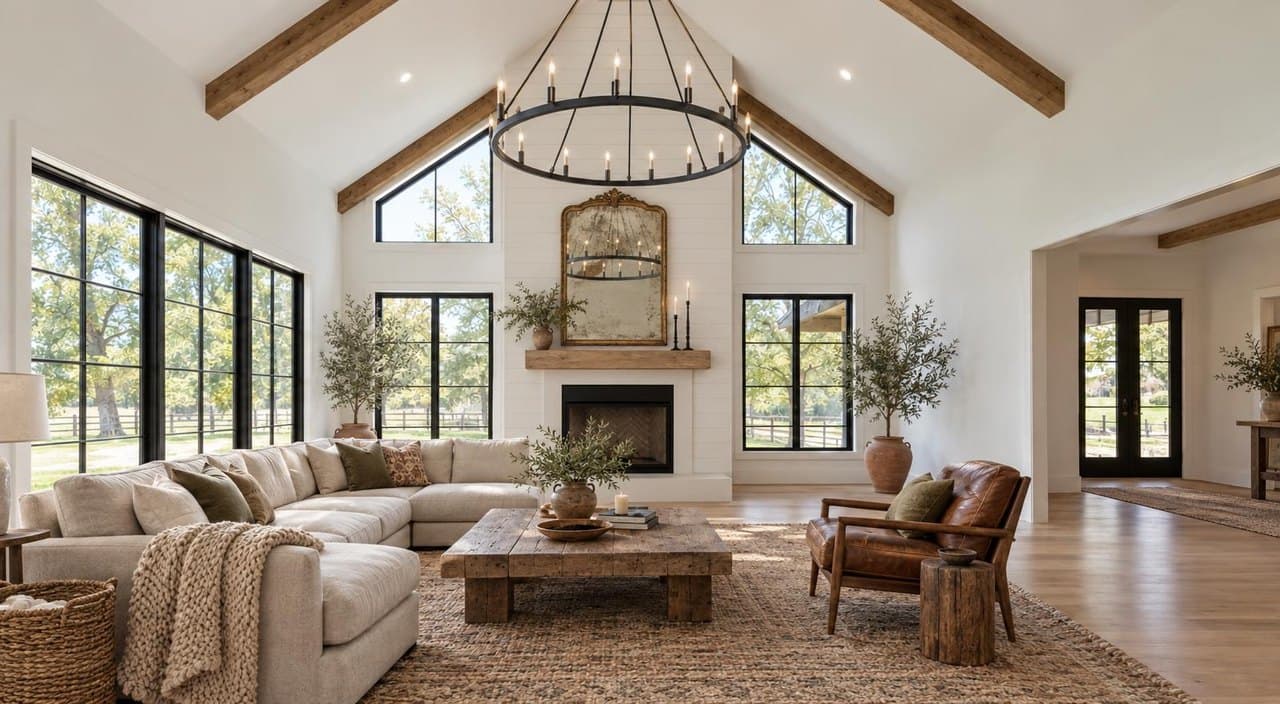 New-build great room, Texas, styled Farmhouse
