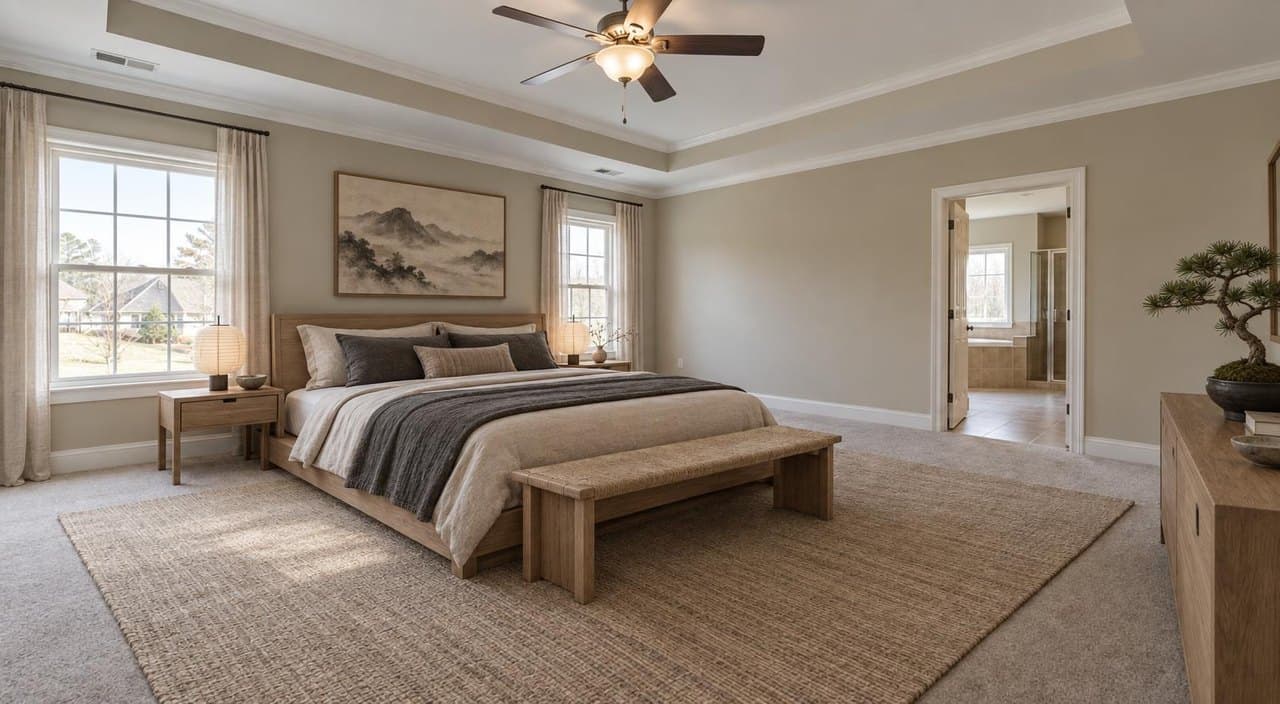 Primary bedroom, North Carolina, styled Japandi