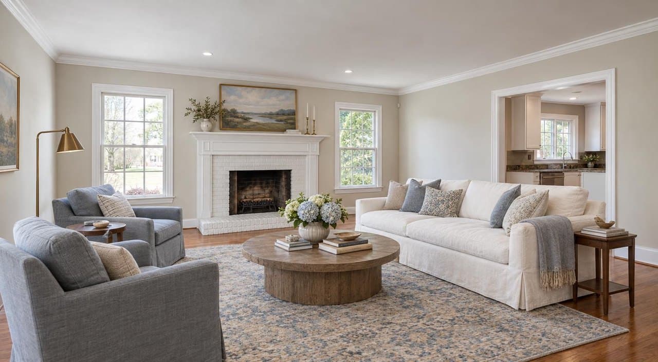 Colonial family room, Virginia, styled Transitional