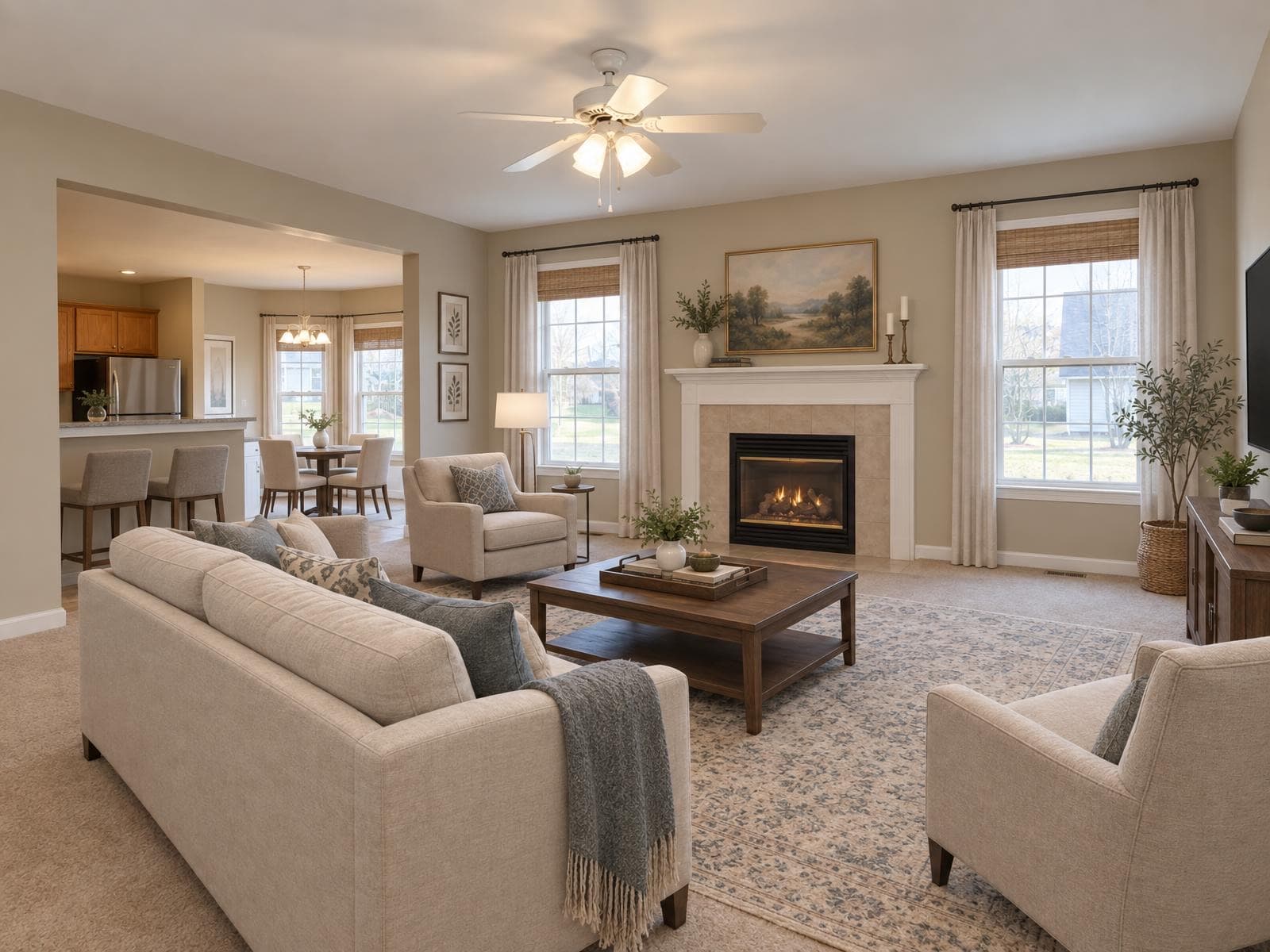 The same living room virtually staged in the Transitional style