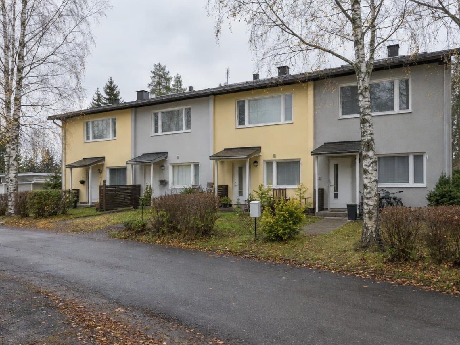 Rivitalojen rivi pilvisessä päivänvalossa
