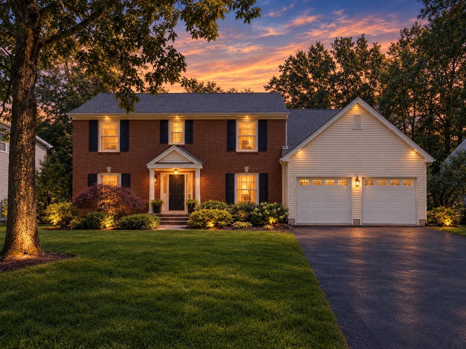 Brick colonial home at blue hour with every window lit warm