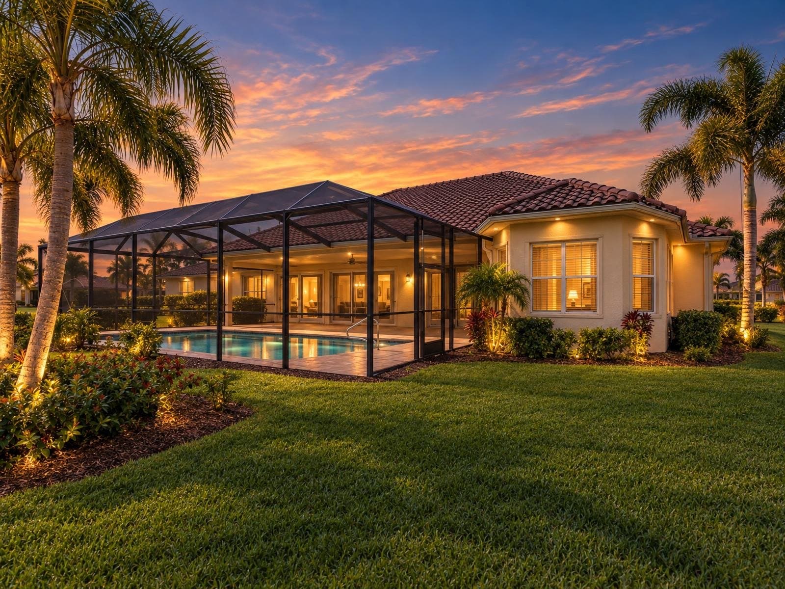 Florida pool home at dusk with every window lit