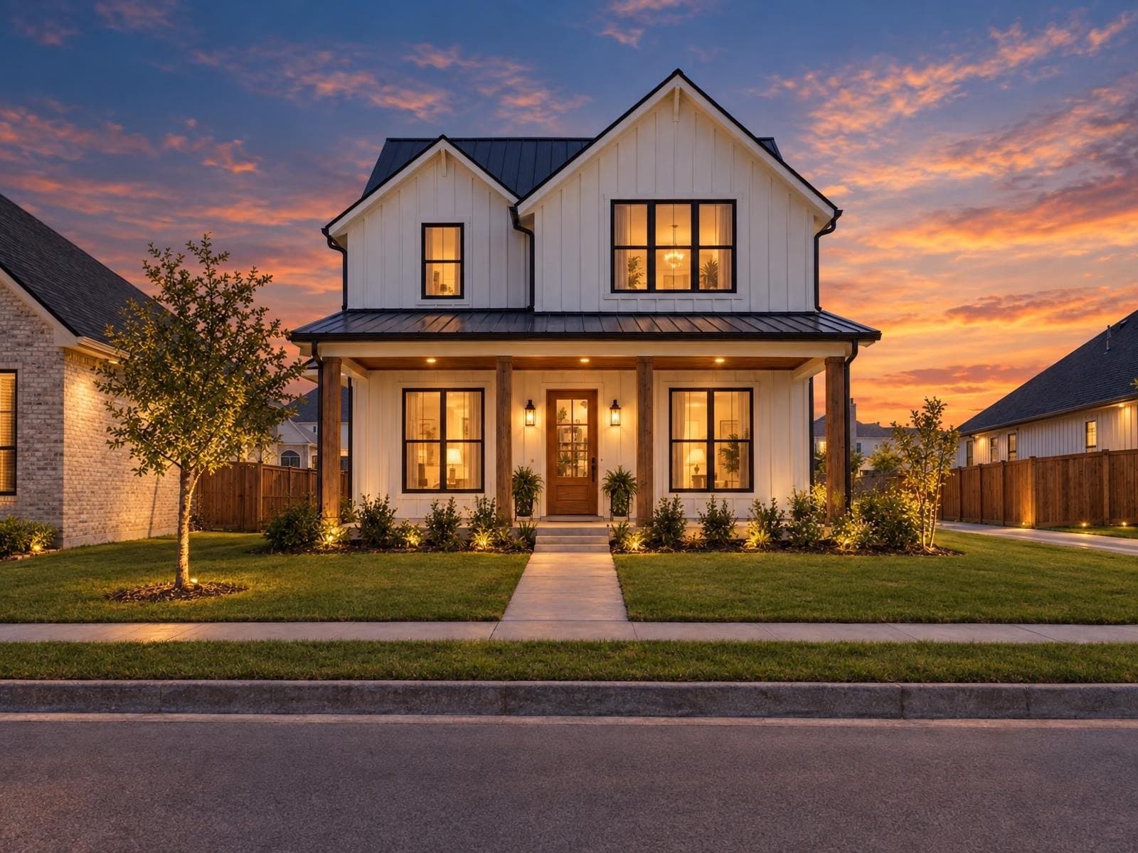 The same farmhouse at warm sunset with every window and porch light on, made with Day to Dusk