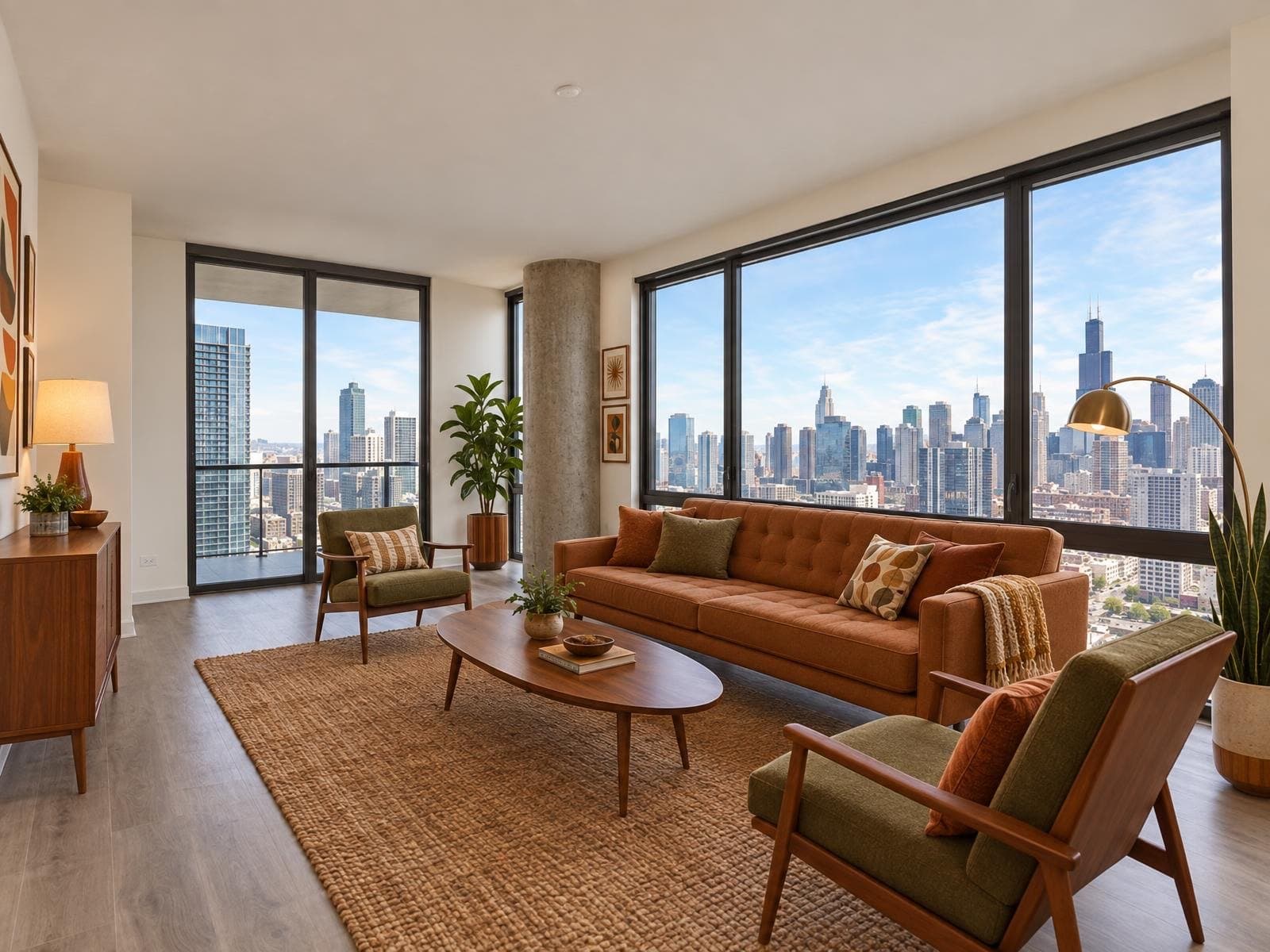The same condo living room virtually staged in Mid-century style
