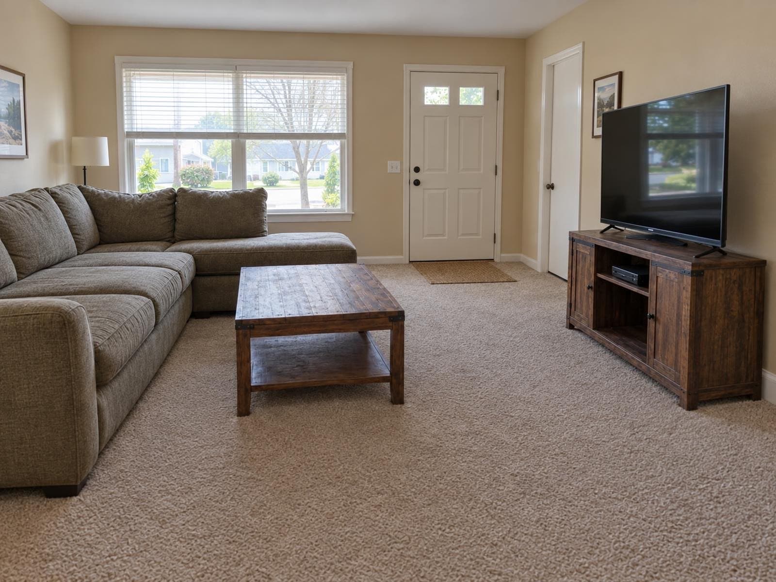 The same living room with the clutter removed and furniture kept