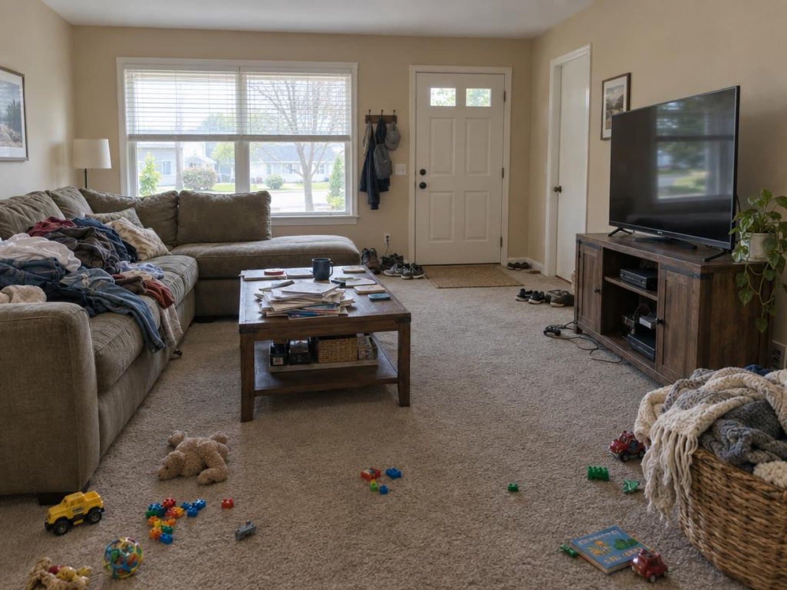 Living room with toys, laundry, papers and shoes scattered around