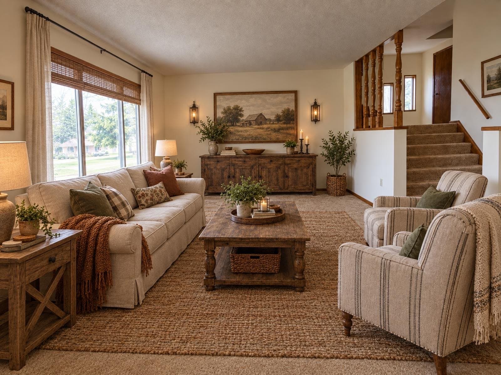 The same living room emptied and restaged in Farmhouse style