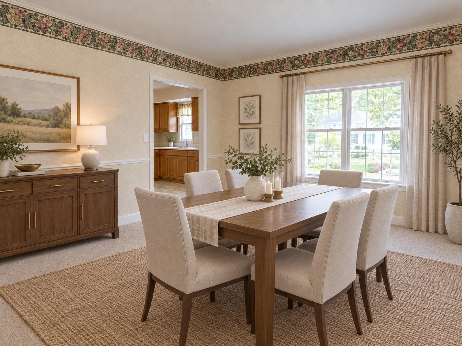 Dining room emptied of its old furniture and restaged in Transitional style
