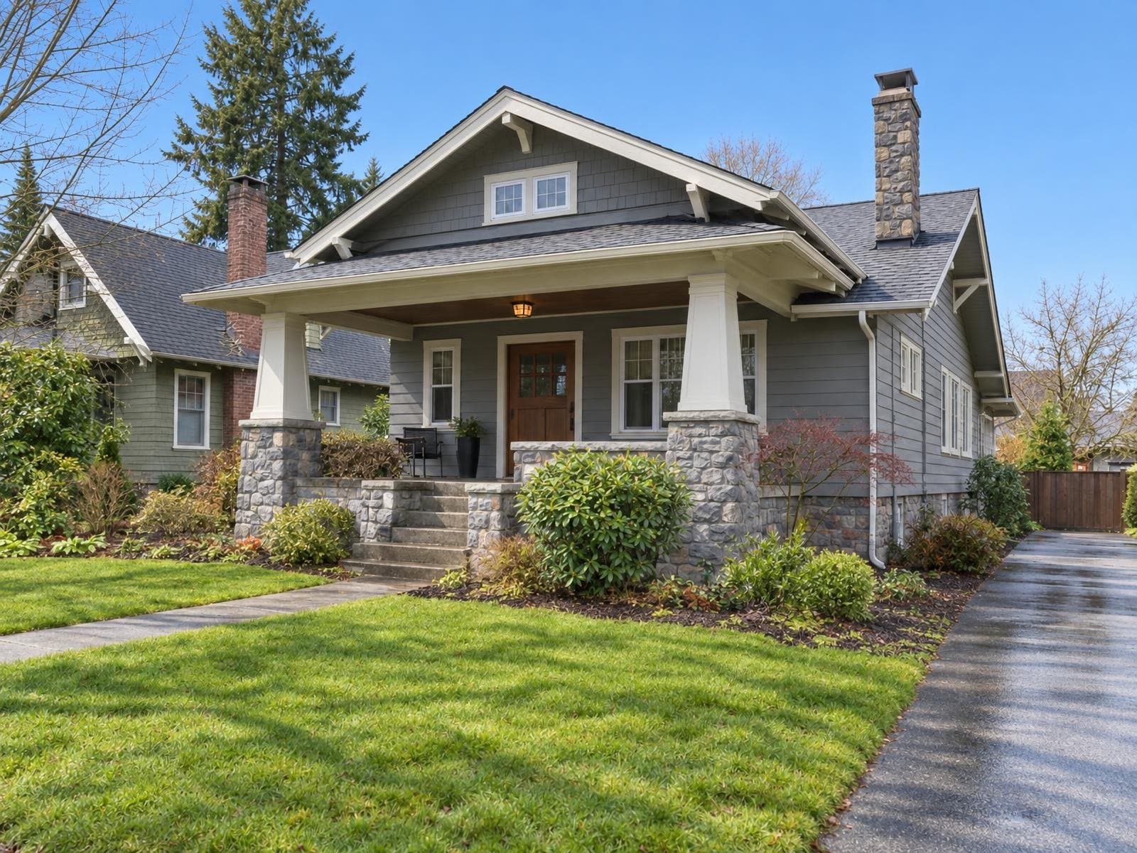 Craftsman bungalow under a blue sky