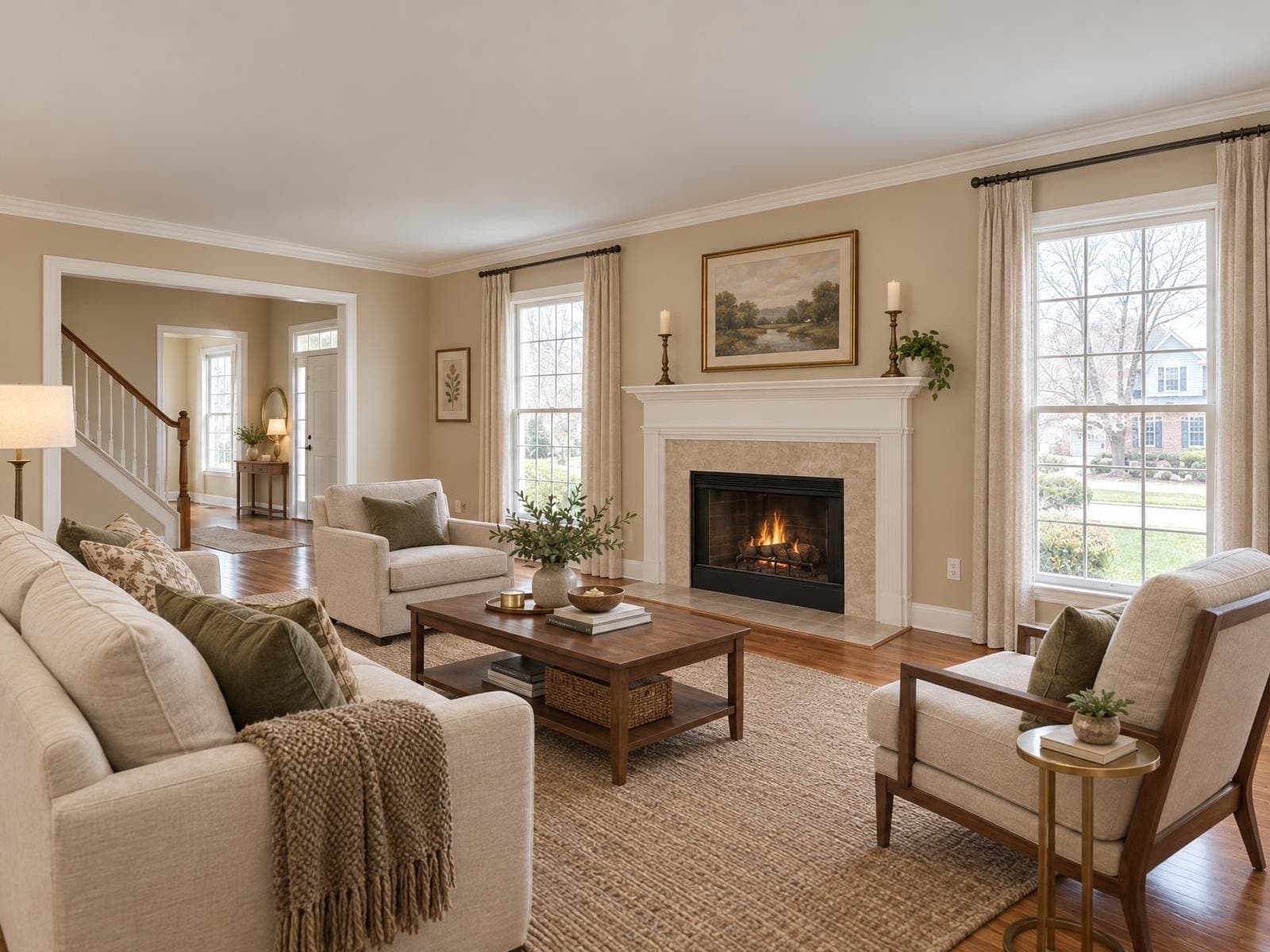 Same living room virtually staged in Transitional style