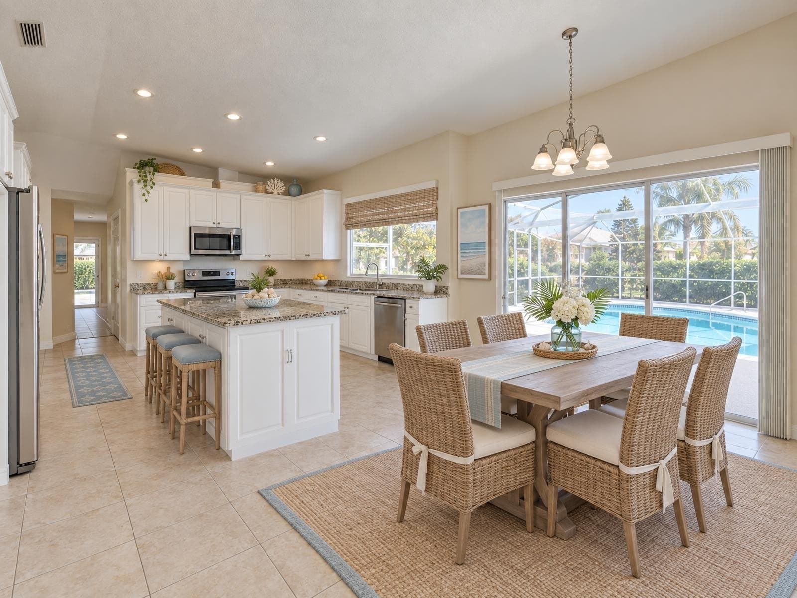 Virtually staged kitchen and dining area