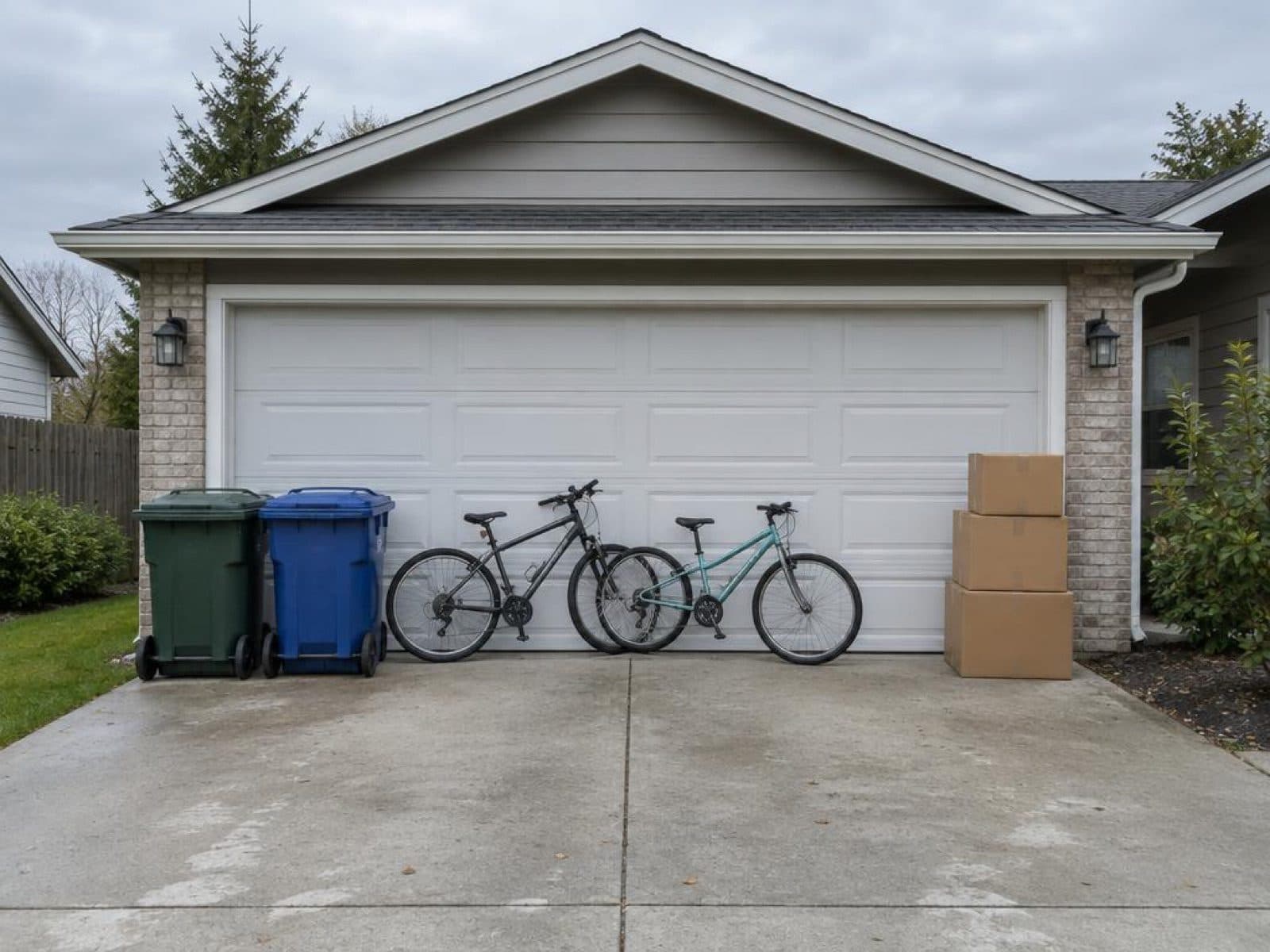 Closed garage door and driveway with two bins, two bikes and stacked boxes