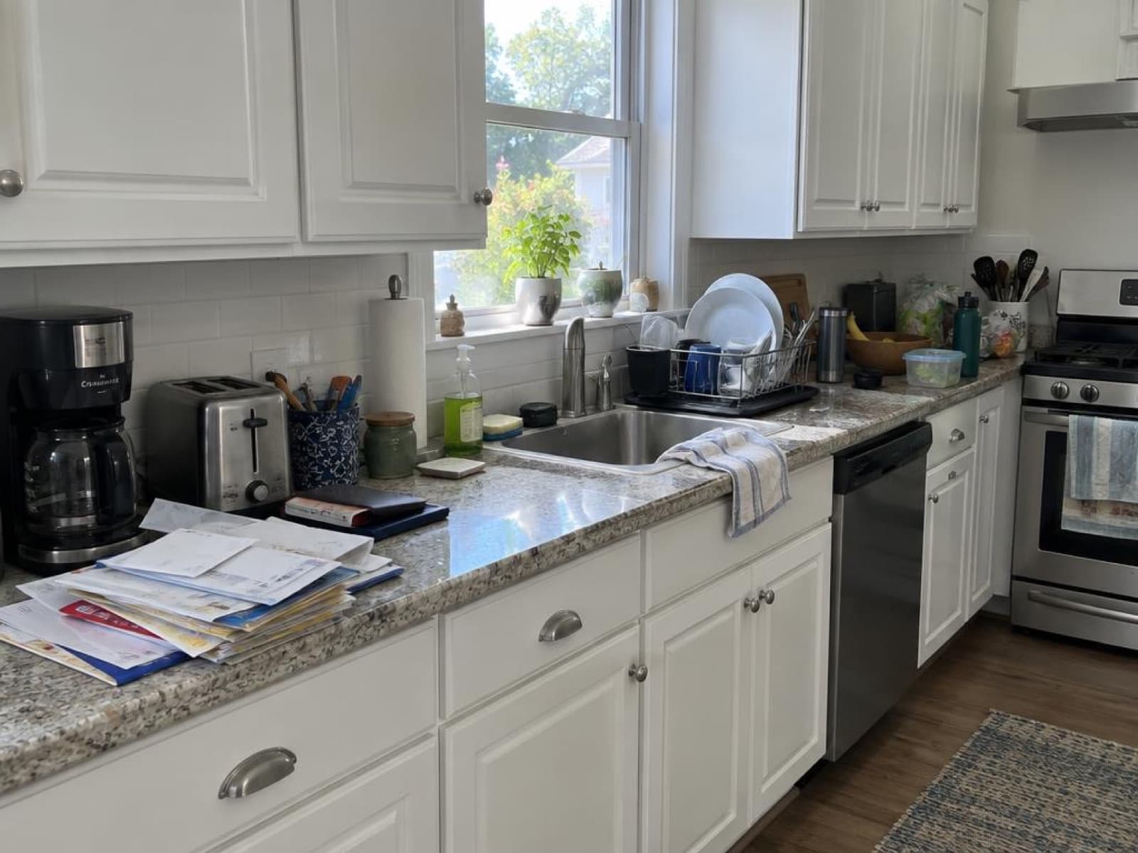 Kitchen counter with a pile of mail, a toaster, a coffee maker and a dish rack