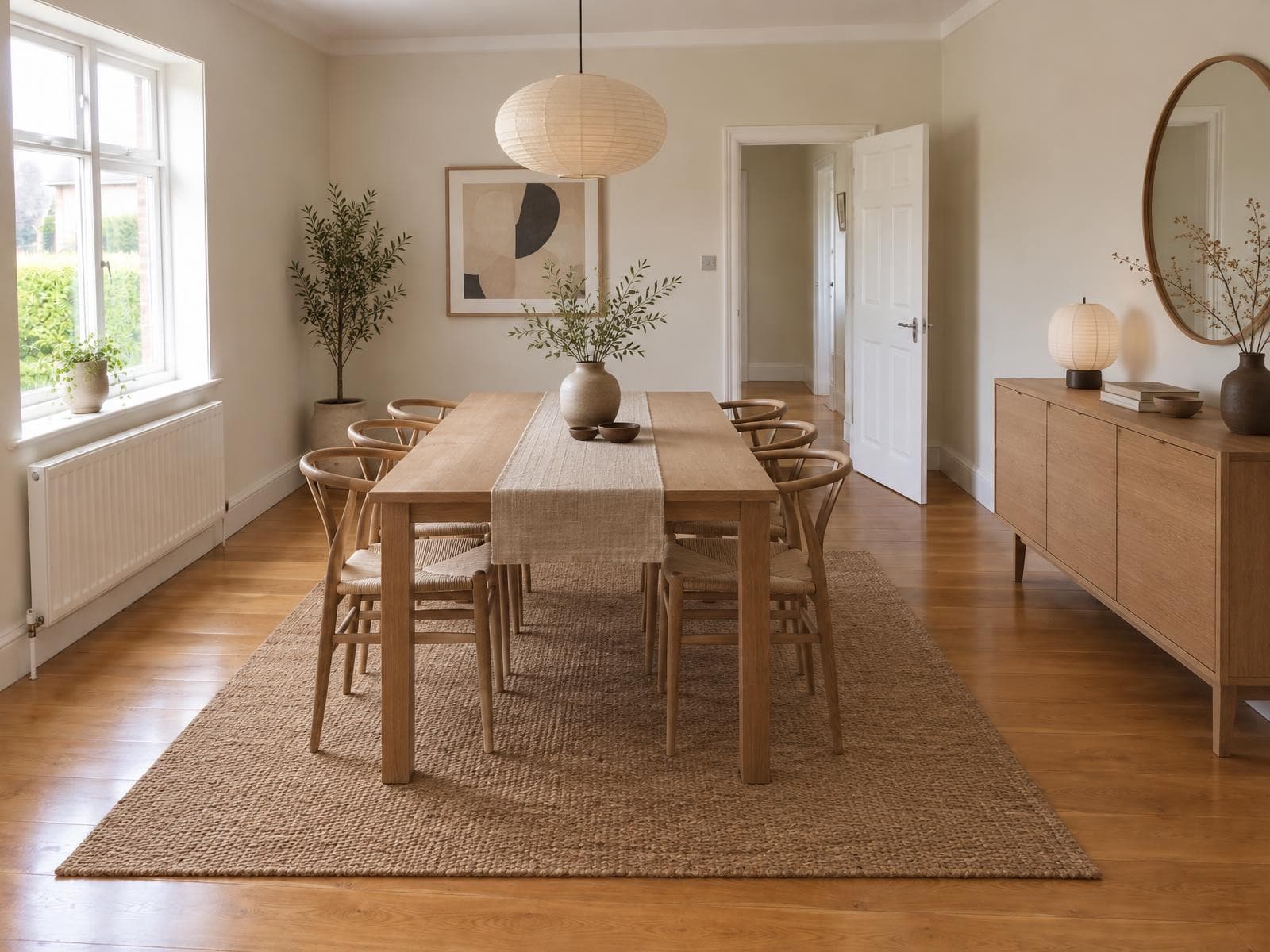 The same dining room restyled with a new dining table and chairs