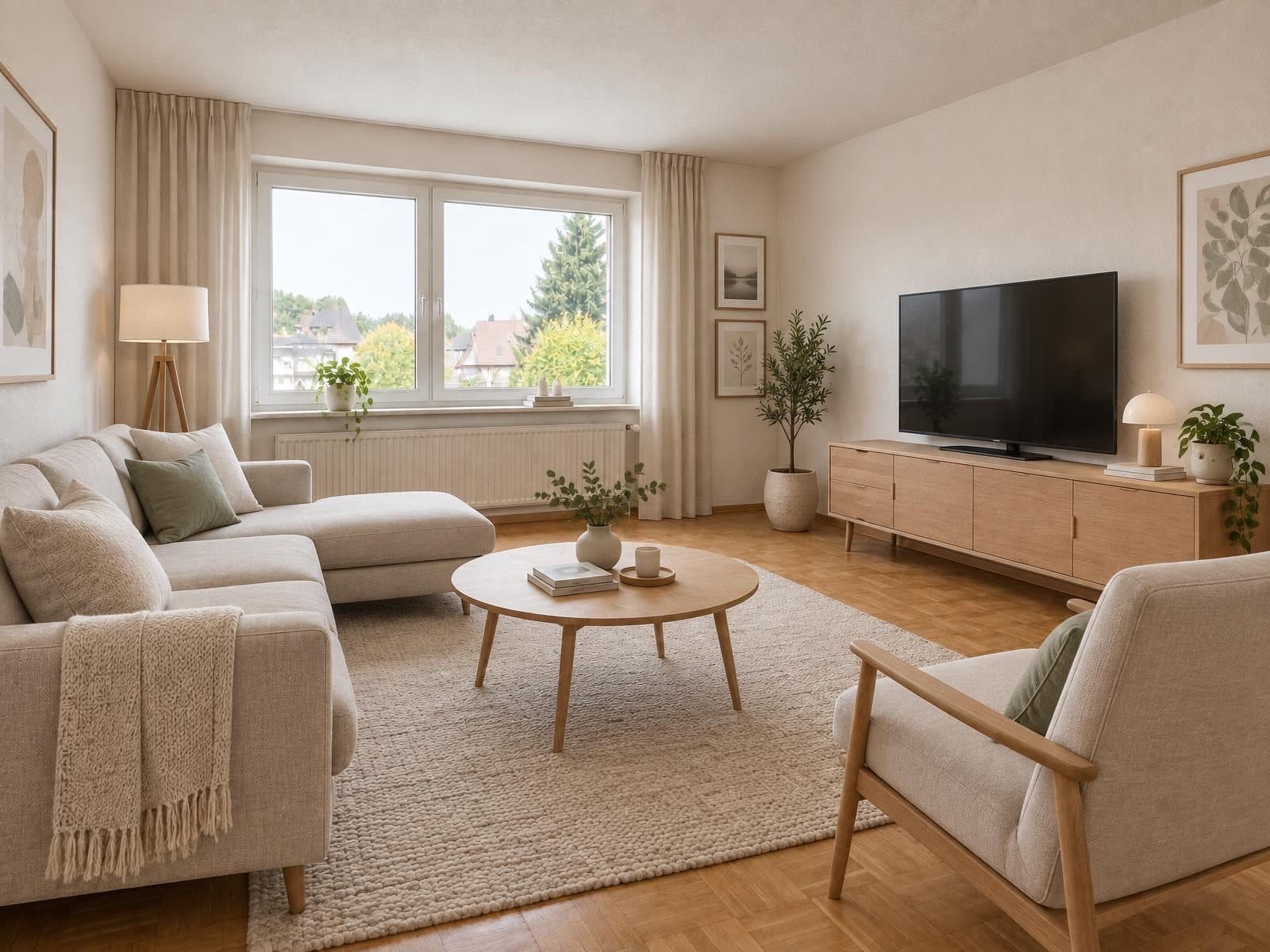 The same living room restyled with new modern furniture