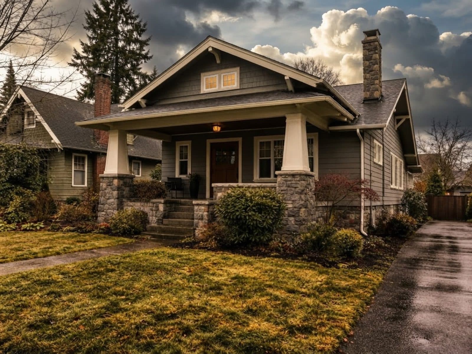 Craftsman bungalow with the Dramatic clouds sky preset
