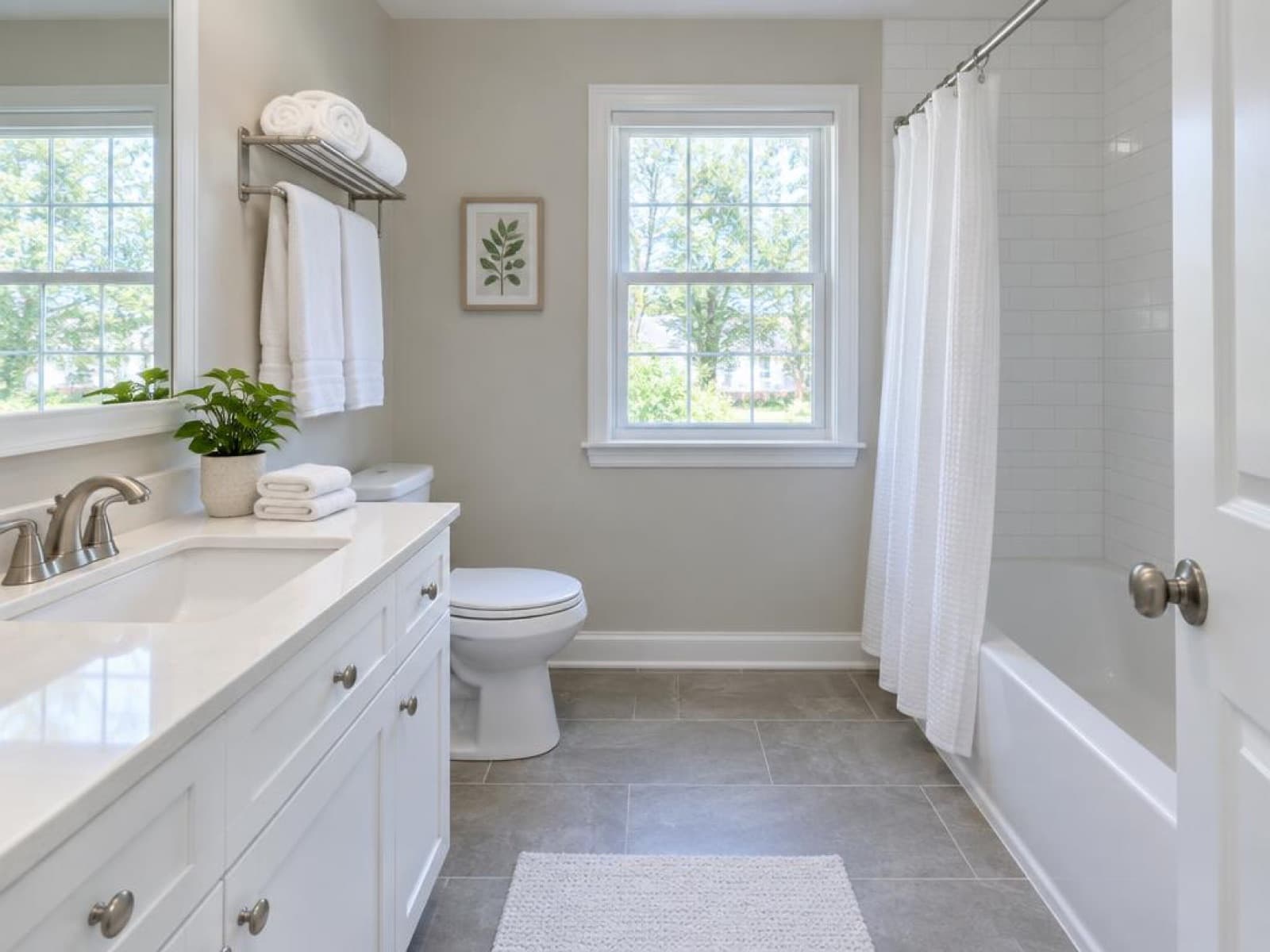 Bathroom staged with neatly folded white towels, a small plant and a clean vanity
