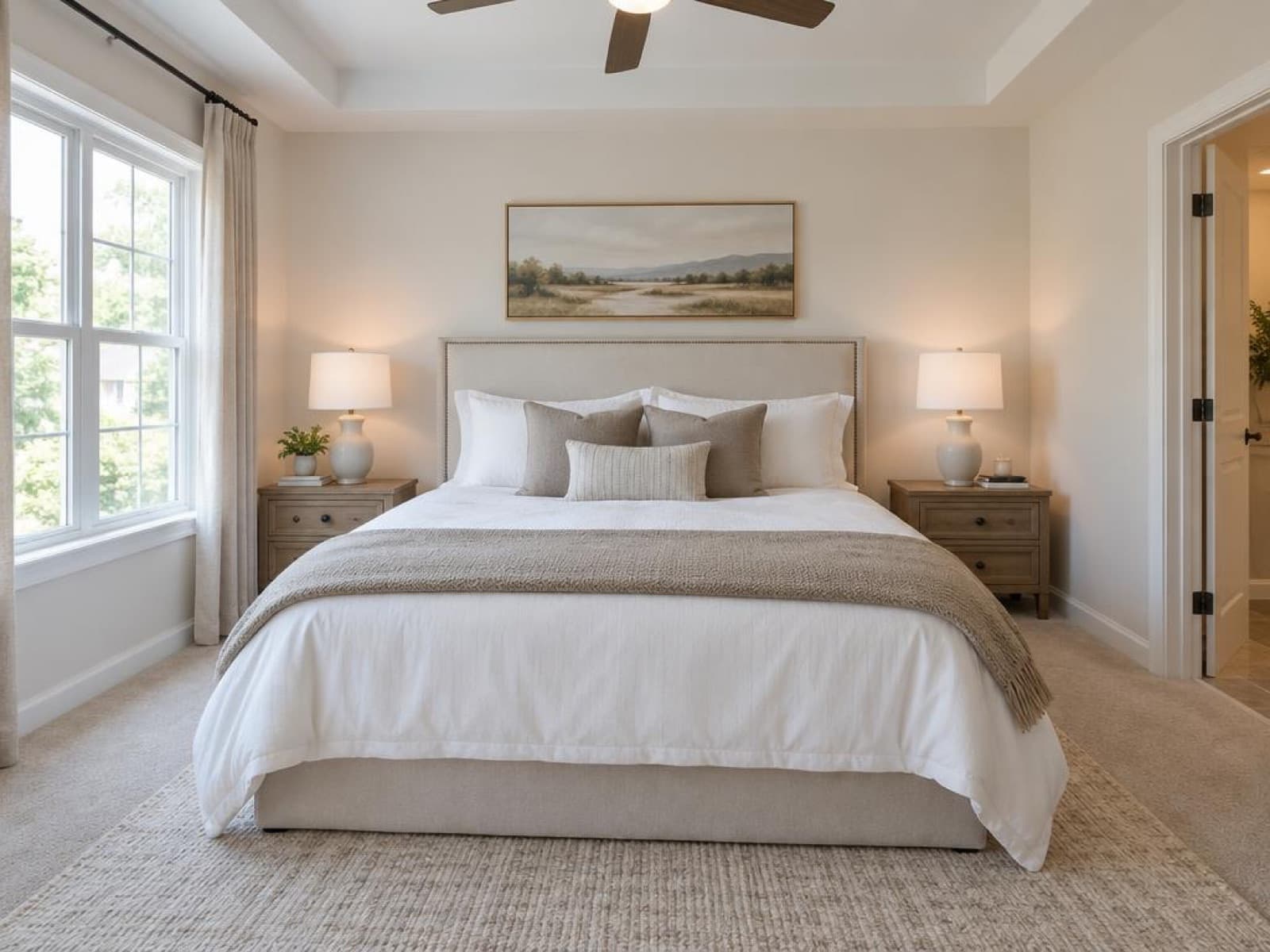 Primary bedroom staged with a neatly made bed, matching nightstands and a folded throw