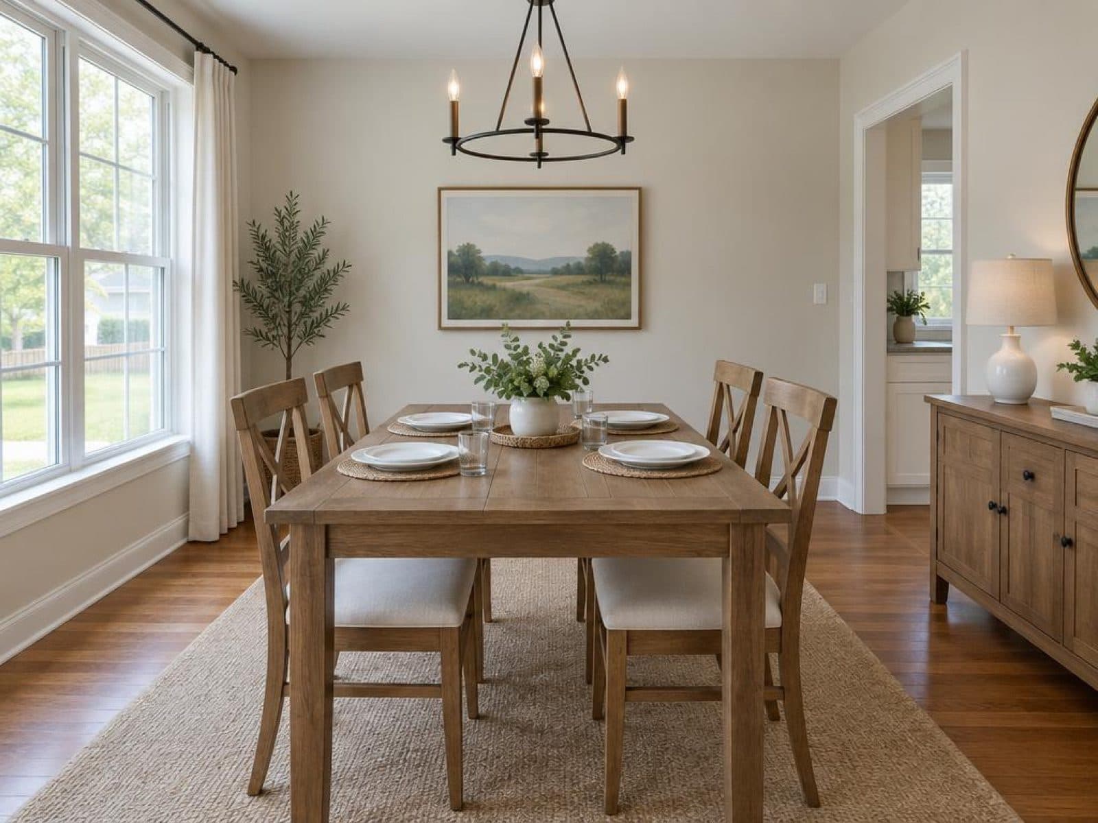 Dining table set simply for four with white plates and a small centrepiece of greenery