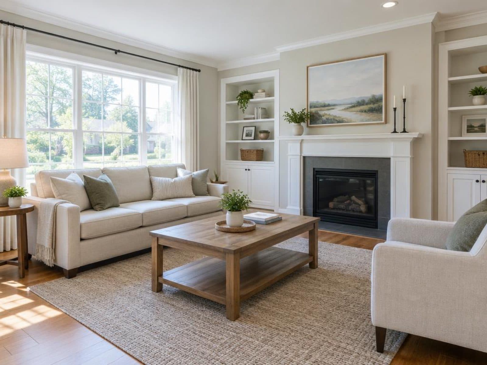 Staged living room with a neutral sofa, coffee table and bright window light