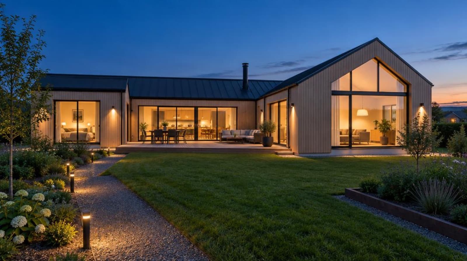 House at blue hour with warm windows