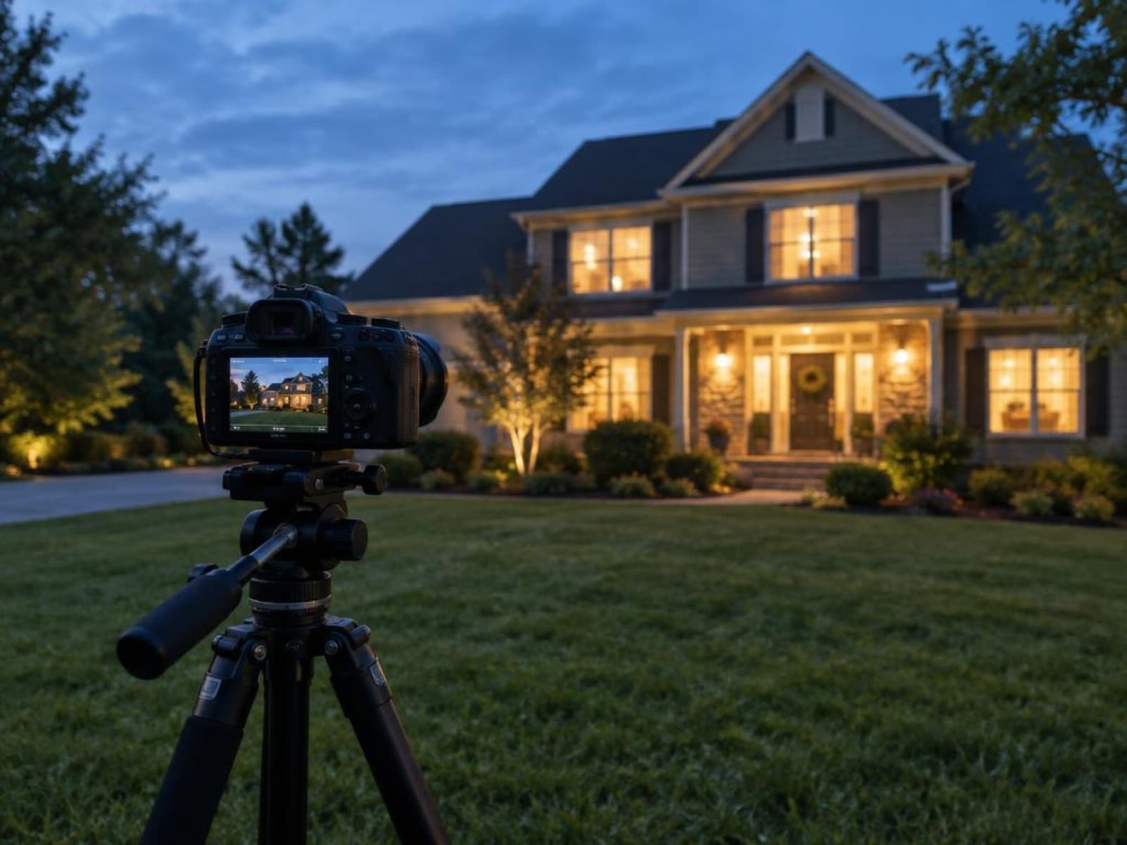 Camera on a tripod on a front lawn, facing a family house with every window lit at dusk