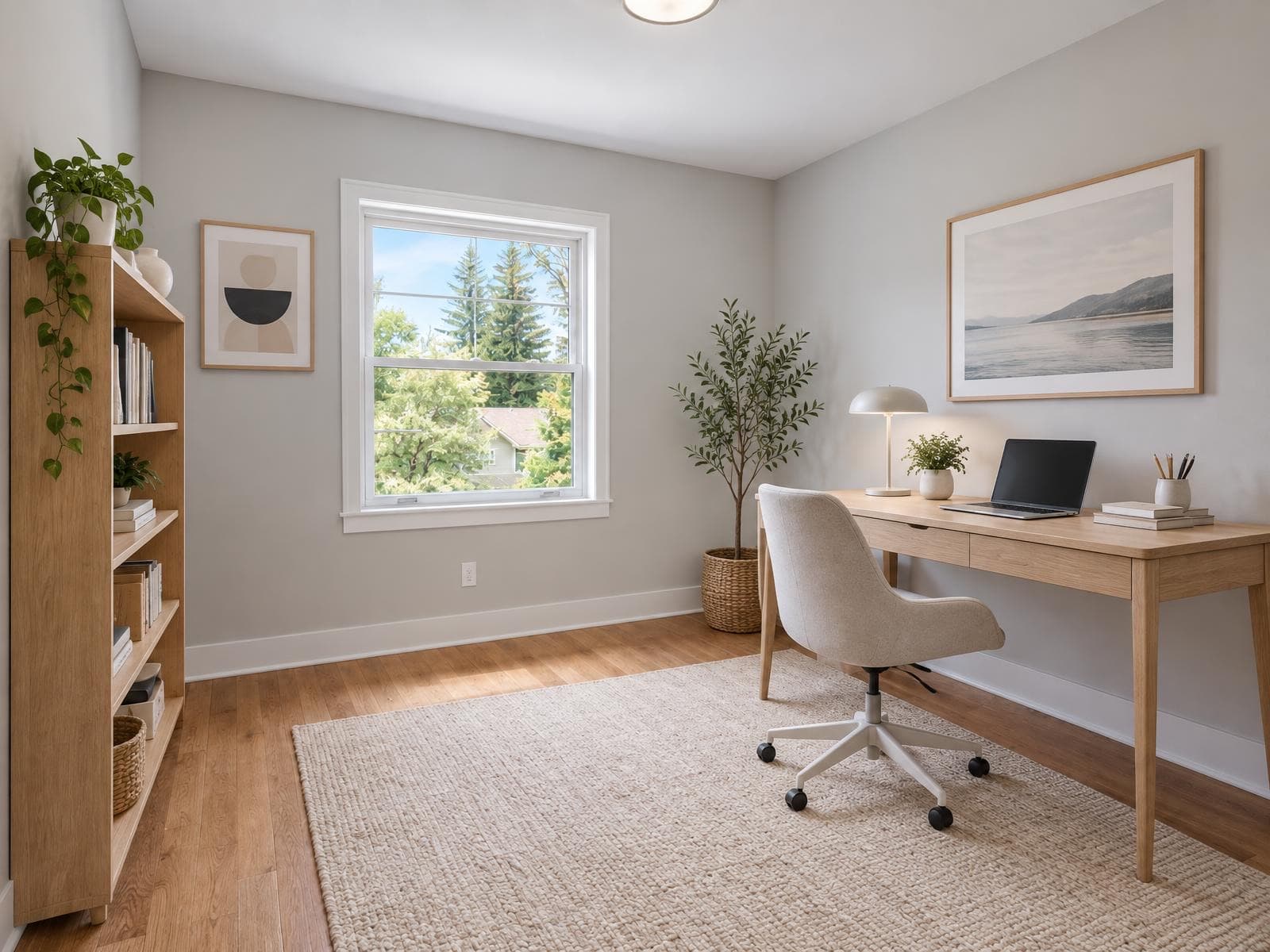 The same room furnished as a home office in the Scandi Calm style after virtual staging