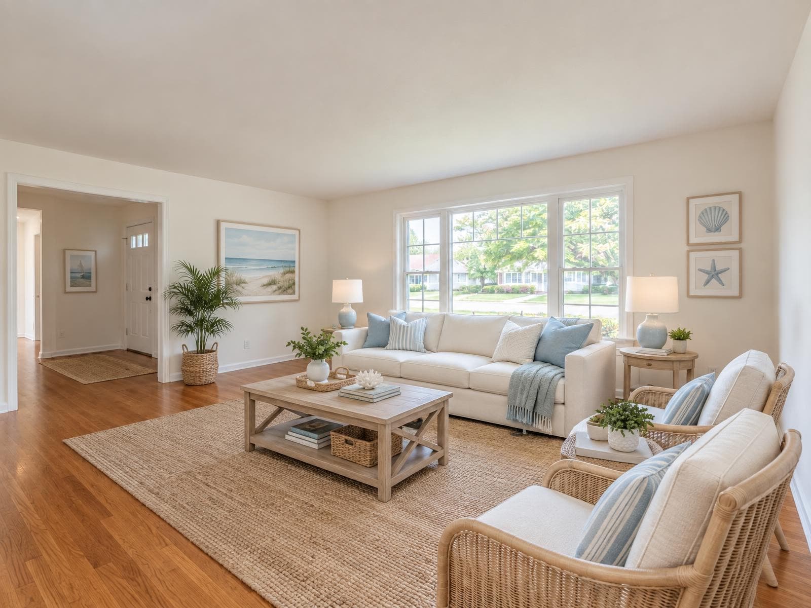 Living room virtually staged in a coastal style
