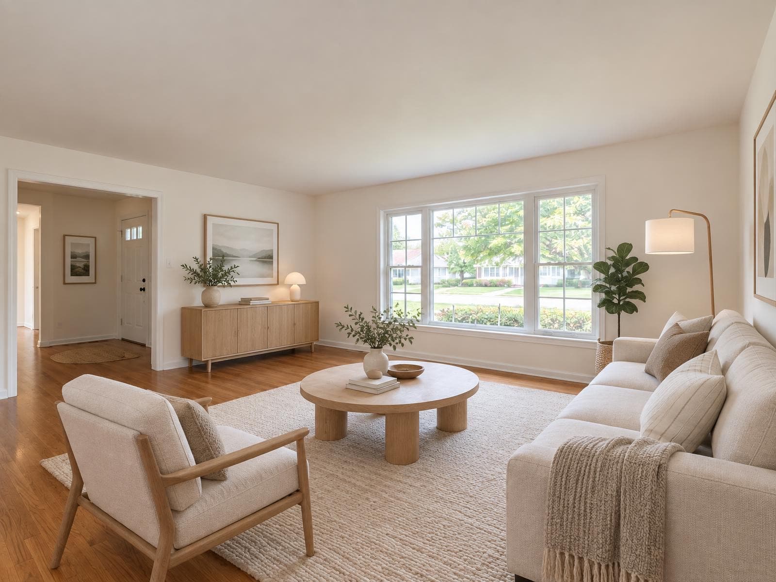 Living room furnished in the Scandi Calm style after virtual staging